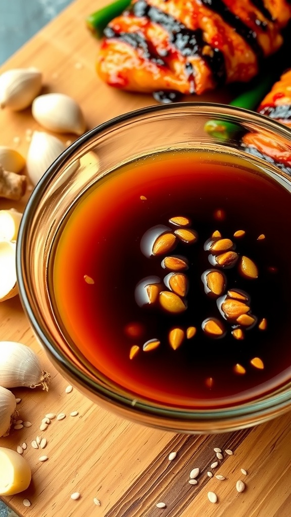 A bowl of teriyaki marinade with soy sauce, honey, garlic, and ginger, surrounded by fresh ingredients.